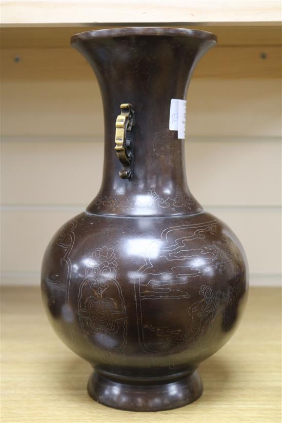 A Chinese bronze vase with silver inlay height 30.5cm